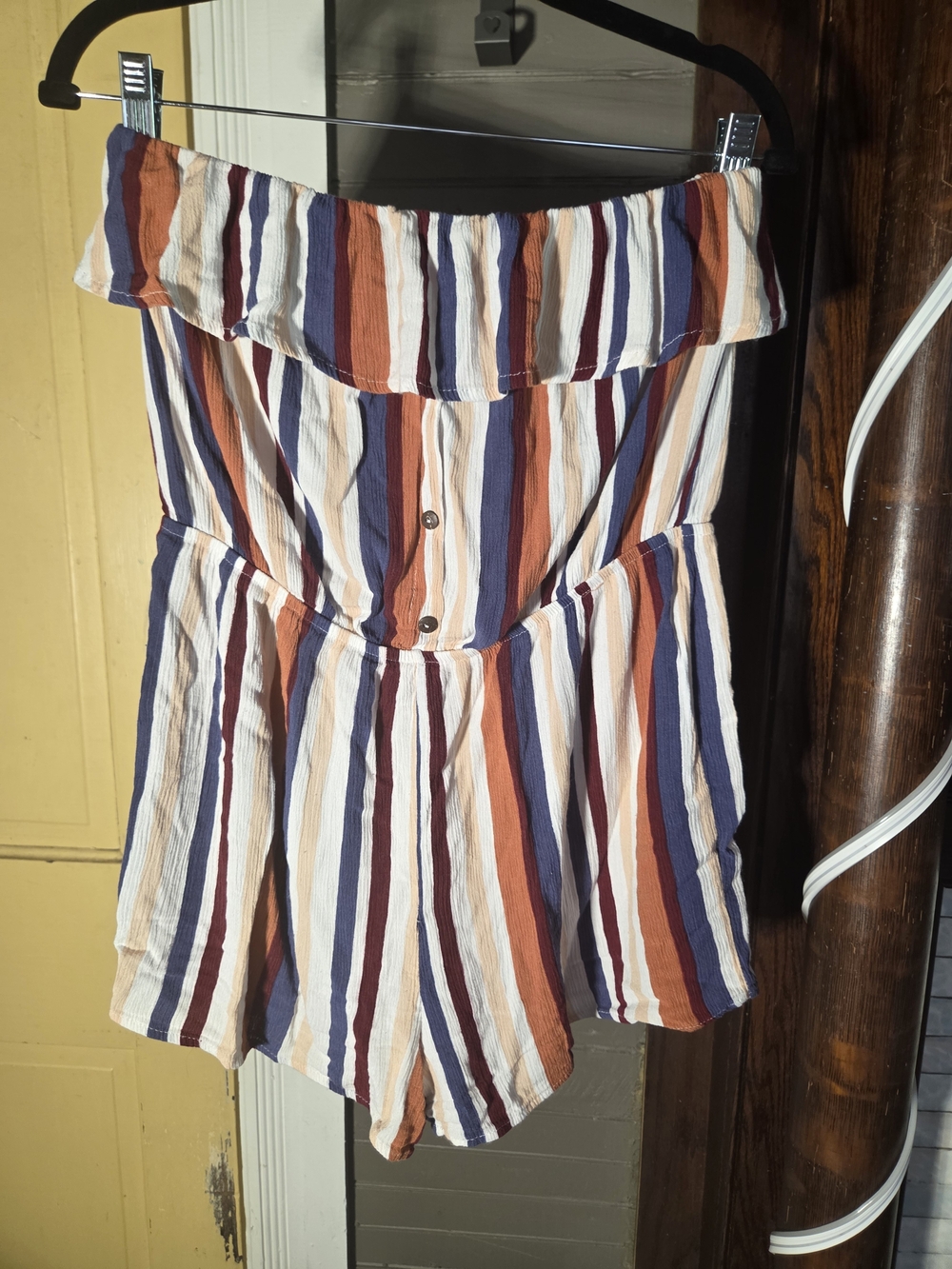Rue21 Striped Off-Shoulder Romper in Rust, Navy & Cream